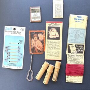 Vintage Sewing Notions Lot Boye Wood Needle Cases Scovill Pins Wrights Tape